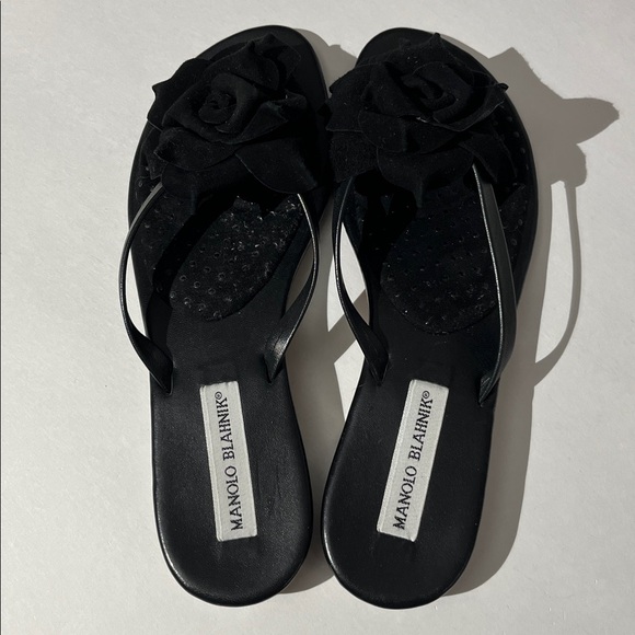 Manolo Blahnik Black Leather Suede Flower Slides Sandals sz 38.5 Made in Italy - Picture 3 of 11